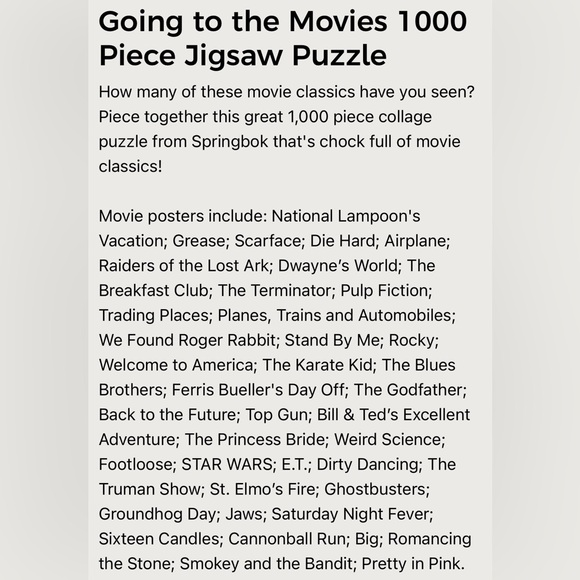 Springbok “Going to the Movies” 1000 piece puzzle. New in box. - Picture 9 of 9